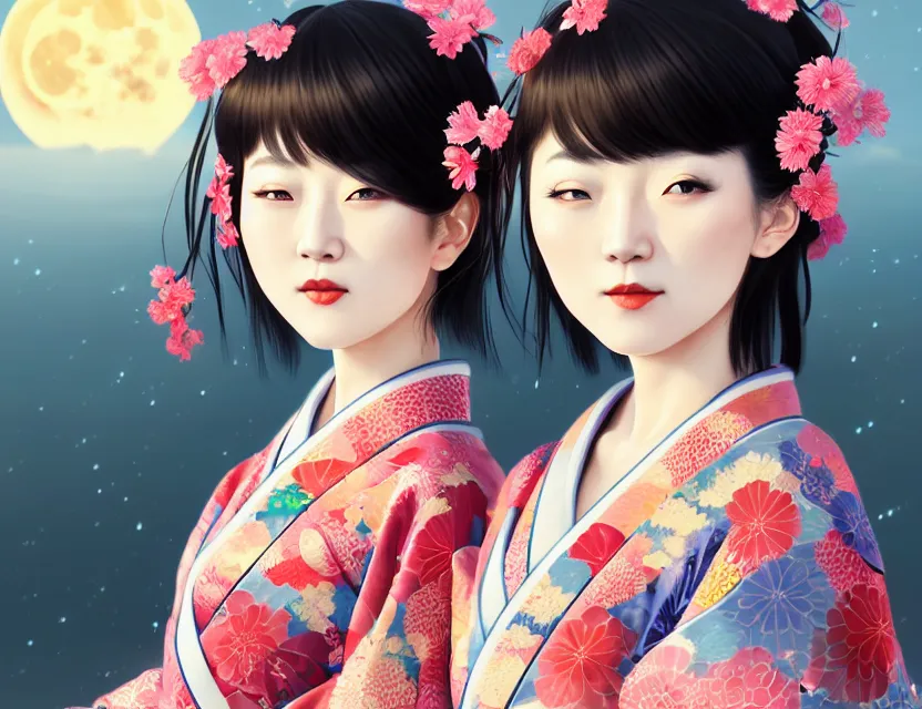 Image similar to two beautiful charming japan girls wear arty kimono in festival | | sunny night, full moon, dreamlike art, realistic shaded, smile, good looking, hyper details, 4 k realistic, cryengine, realistic shaded lighting poster by ilya kuvshinov, fuji choko, ross tran, 8 k resolution, trending on artstation, luxury