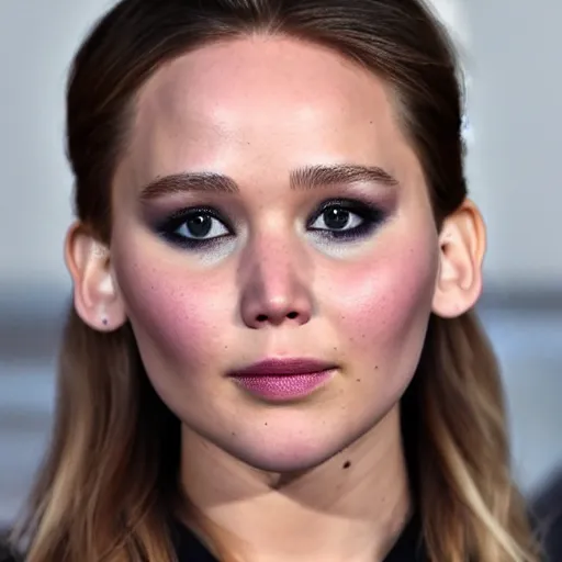 Image similar to a woman who is a genetic combination of jennifer lawrence and elizabeth olsen face and upper - body focus