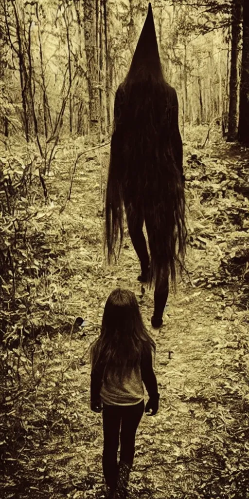 Prompt: found photo of a young witch girl with long hair walking away from the camera in a forest, magical dark and spooky, flash photography