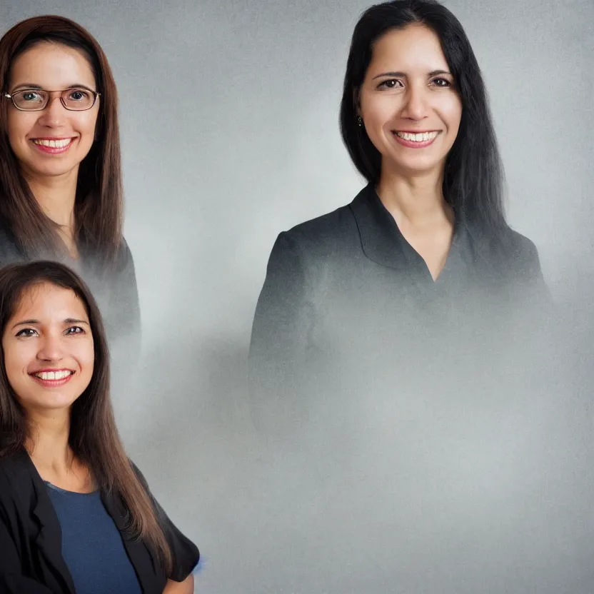 Image similar to Modern Venezuelan professor woman portrait slight smile, twinkling eyes highly detailed hyper realistic photo on black background