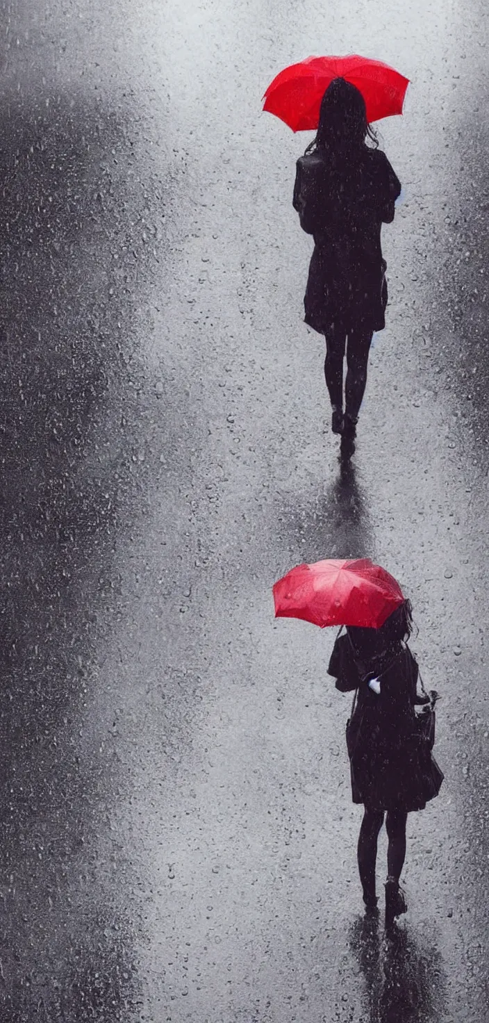 Image similar to girl with umbrella on the wet road, rain, thunder, fog, anime style