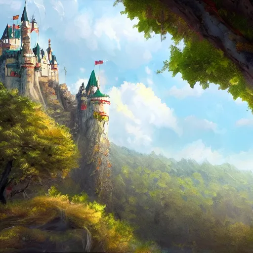 Prompt: a painting of a giant floating castle high up in the sky with a tree - leaf canopy on top. artstation. painting. high - quality. extremely detailed clouds and foliage