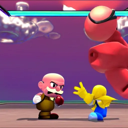 Prompt: walter white fighting kirby in super smash bros gamecube graphics