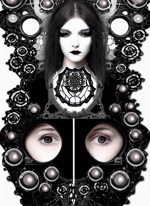 Image similar to black and white gothic masterpiece profile face portrait, one steampunk eye silver hexagonal meshes floral biomechanical beautiful young female cyborg - vampire, big monocular, volumetric light, hibiscus flowers, by hg giger, rim light, big gothic fashion pearl embroidered collar, 8 k