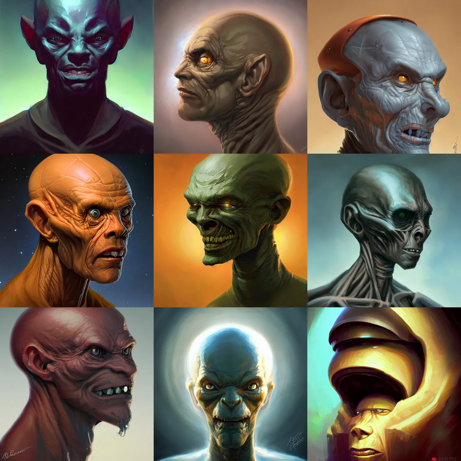 Prompt: three quarter view, nonhuman extraterrestrial portrait, whole head, 3/4 view, dramatic lighting, painted by andreas rocha