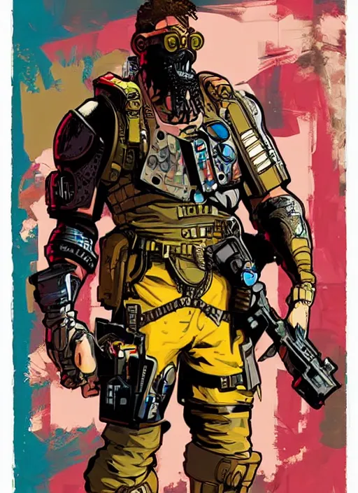 Image similar to buff cyberpunk mercenary. portrait illustration, pop art, splash painting, art by ashley wood, alphonse mucha, laurie greasley and josan gonzales ( apex legends )