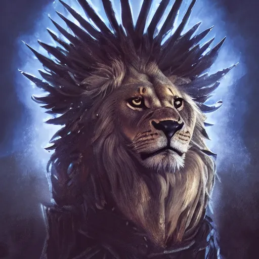 Prompt: Lion, Anthropomorphized, as warlord general on iron throne, magic the gathering artwork, D&D, fantasy, cinematic lighting, centered, symmetrical, highly detailed, digital painting, artstation, concept art, smooth, sharp focus, illustration, volumetric lighting, epic Composition, 8k, art by Akihiko Yoshida and Greg Rutkowski and Craig Mullins, heroic pose, oil painting, cgsociety, Battlefield background, explosions, arrows