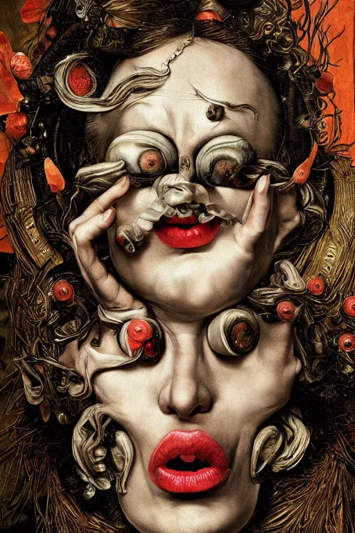 Image similar to Detailed maximalist portrait with large lips and with large eyes, angry, exasperated expression, HD mixed media, 3D collage, highly detailed and intricate illustration in the style of Caravaggio, dark art, baroque