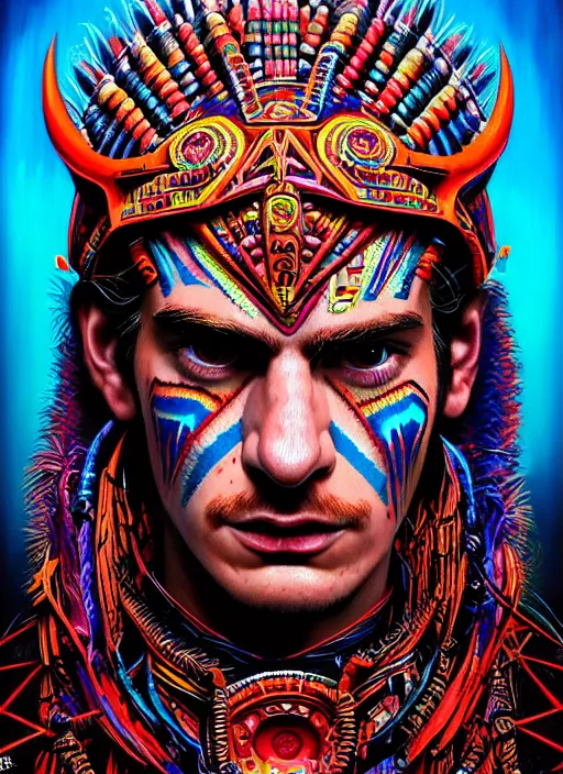 Prompt: portrait of andrew garfield, hyper detailed ultra sharp aztec shaman warrior. trending on artstation, warpaint aesthetic, bloodwave, colorful, psychedelic, ornate, intricate, digital painting, concept art, smooth, sharp focus, illustration, art by artgerm and greg rutkowski and h. r. giger, 8 k