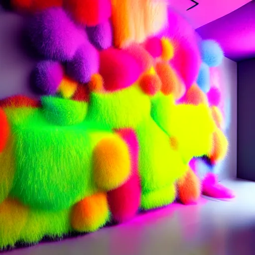 Image similar to : colorful abstract fuzzy sculpture art on the wall in modern architecture studio, cinematic lighting, hyper - realistic, detailed, render by c 4 d octane, unreal engine, 8 k 3 d render