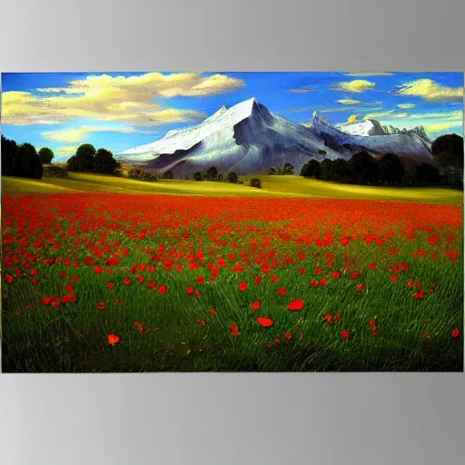 Image similar to a caravaggio painting masterpiece exposed at the Louvres in paris : a poppy field with a icy moutain in the background and a blue sky This 4K HD image is Trending on Artstation, featured on Behance, well-rendered, extra crisp