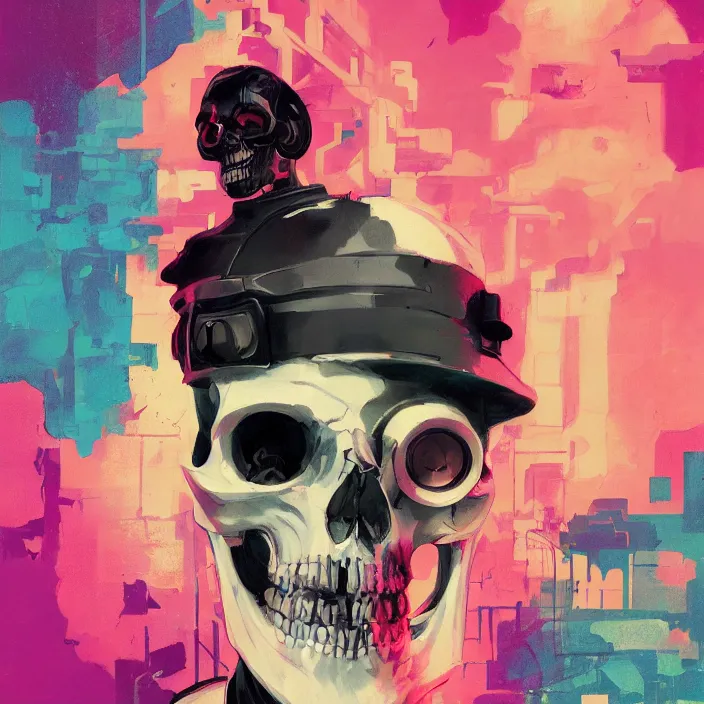Image similar to a colorful comic noir illustration painting of a cyberpunk skull by sachin teng and sergey kolesov and ruan jia and pascal blanche. in style of chromatic risograph print, sci fi, hyper detailed. octane render. trending on artstation