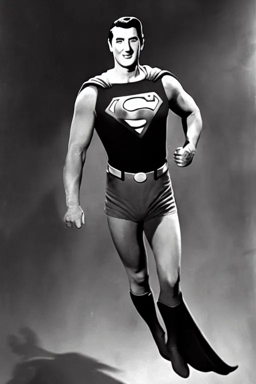 Image similar to rock hudson playing superman in, superhero, dynamic, heroic, studio lighting, in colour