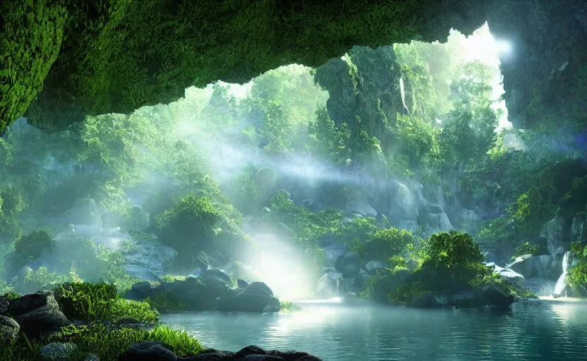 Prompt: a beautiful and stunning professional digital artwork of a humongous pyrite cave, haze, waterfall, volumetric lighting, hyperrealistic, green, blue, sunset, unreal engine 5, ultra detail