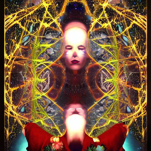 Prompt: two lovers channeling third eye energy in a dark room surrounded by a background of dark cyber mystic garden of earthly delights, midnight hour, by leon spillaert, artstation