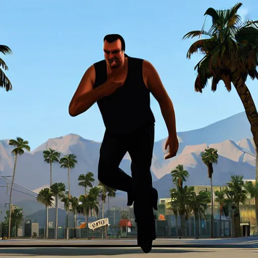 Image similar to Steven Seagal in GTA V . Los Santos in background, palm trees. in the art style of Stephen Bliss