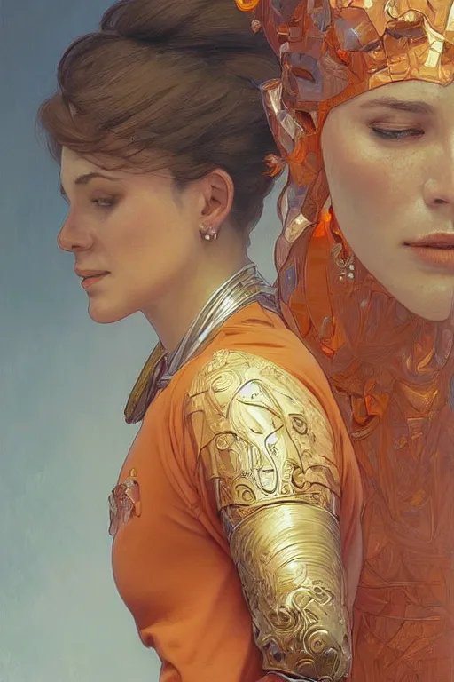 Image similar to portrait of tinfoil hat man in orange t - shirt behind his wife, feelings, romantic, fantasy, intricate, elegant, highly detailed, digital painting, artstation, concept art, smooth, sharp focus, illustration, art by artgerm and greg rutkowski and alphonse mucha