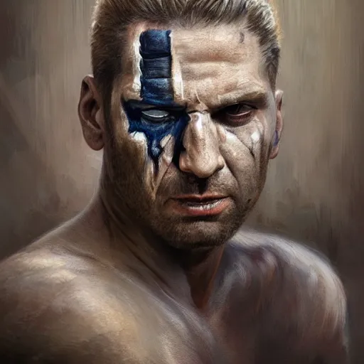 Prompt: sad portrait of frank castle the punisher, bruised, face paint, intricate, elegant, highly detailed, centered, grungy, digital painting, artstation, concept art, smooth, sharp focus, illustration, artgerm, tomasz alen kopera, artstation, boris vallejo