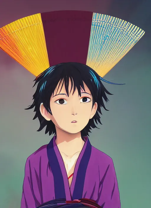 Image similar to young boy with straight indigo hair, purple eyes with red eye markers, slim body, wearing a detailed Japanese kimono with traits of the god Fuujin, holding a pair of fans. rich vivid colors, ambient lighting, dynamic lighting, 4k, official media, anime key visual, makoto shinkai, ilya kuvshinov, lois van baarle, rossdraws, detailed, trending on artstation