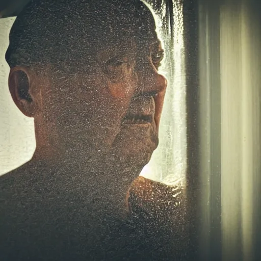 Prompt: the face of an old man through a steamed up glass window