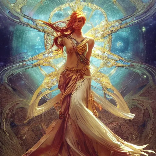 Image similar to stunning dynamic pose full body celestial goddess of dragons, intricate, 8k highly professionally detailed, hdr, CGSociety, dark fantasy, dynamic lighting, cinematic composition, glow, pristine, smooth, cosplay, elegant, sharp focus, DAZ, art by alphonse mucha and greg rutkowski,