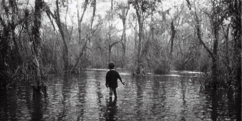 Prompt: A boy walking alongside a channel of water in a dense swamp, photograph taken in 1890, grainy, film grain