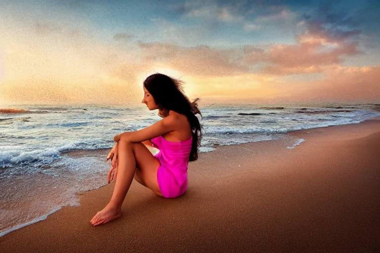 Prompt: a very pretty girl on the beach, award winning photograph