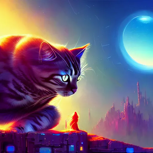 Image similar to gigantic cyborg cat crashes into gothic world planet, fantastic landscape, bright colors, hyperrealism, 4 k resolution, ultra detailed, style of anton fadeev, ivan shishkin, john berkey