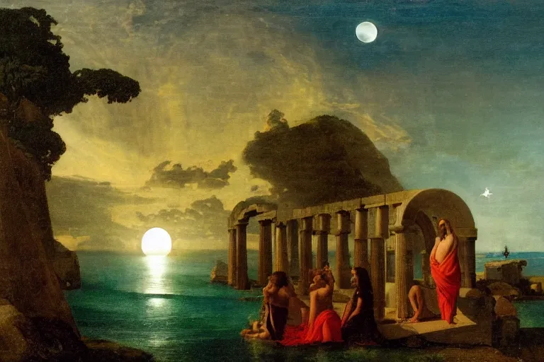 Prompt: The giant greek arch, refracted moon on the ocean, thunderstorm, greek pool, beach and Tropical vegetation on the background major arcana sky and occult symbols, by paul delaroche, hyperrealistic 4k uhd, award-winning, very detailed paradise