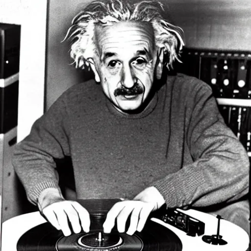 Image similar to photo of Albert Einstein DJing a record player, vintage, highly detailed facial features