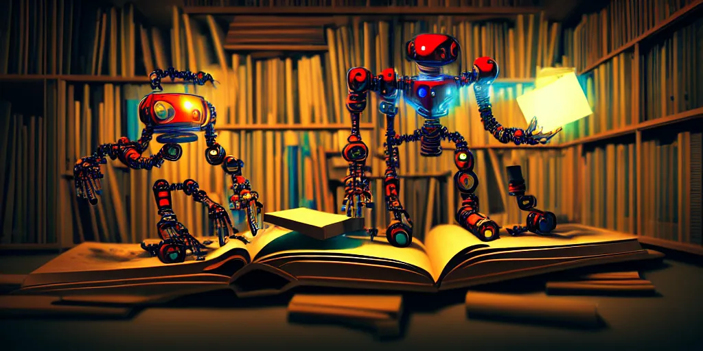 Image similar to A frightening multi armed evil robot devouring books with pipes and tubes and pages floating down, hyperealistic very colourful hdr cinematic lighting cgi render photorealistic cinematic octane render