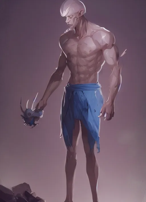 Image similar to a calm young adult male muscular slim blue elf with gey light clothes character design by greg rutkowski