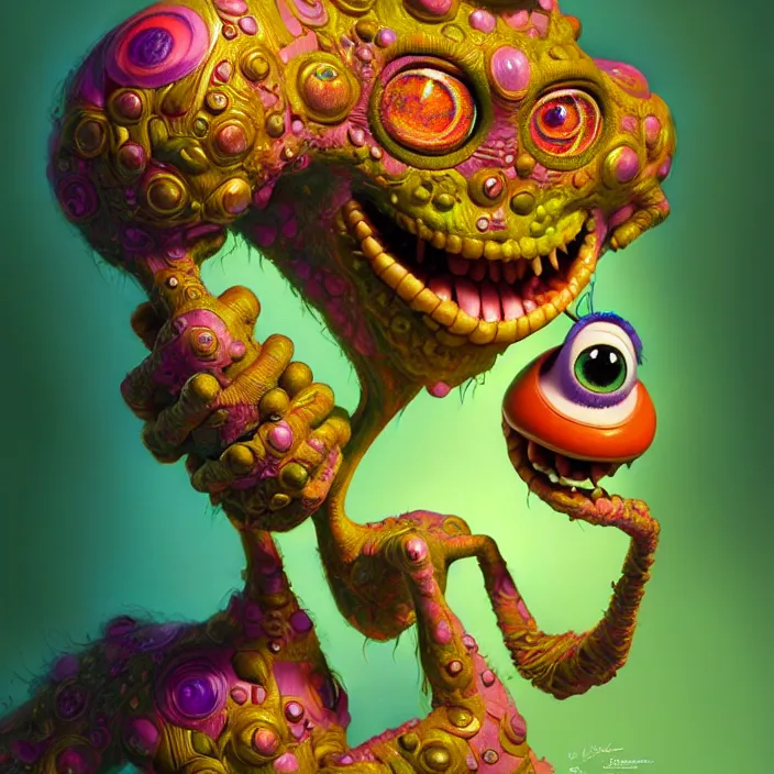 Image similar to psychedelic Monsters Inc. character, Pixar, diffuse lighting, fantasy, intricate, elegant, highly detailed, lifelike, photorealistic, digital painting, artstation, illustration, concept art, smooth, sharp focus, art by John Collier and Albert Aublet and Krenz Cushart and Artem Demura and Alphonse Mucha