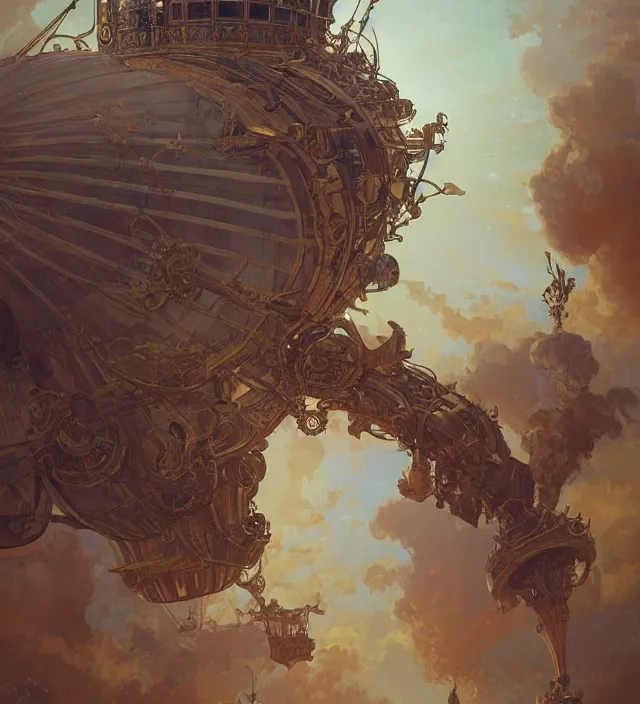 Prompt: a baroque steampunk airship dirigible, intricate, highly detailed, digital painting, artstation, concept art, sharp focus, cinematic lighting, illustration, art by artgerm and greg rutkowski, alphonse mucha, cgsociety