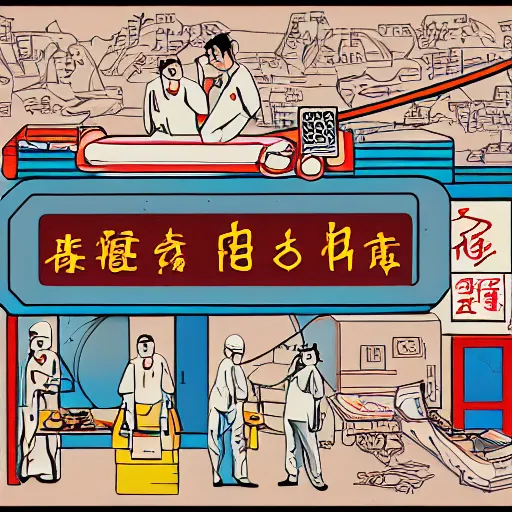 Image similar to chinese surgery operating table, in the style of daniel johnston and simon stålenhag and outsider art, 8k, line brush, minimal, hard lines, overlaid with traditional chinese adverts