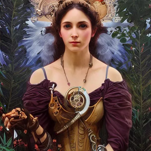 Image similar to a portrait painting of a fantasy steampunk lady, highly detailed, art by tristan eaton and artgerm and william - adolphe bouguereau