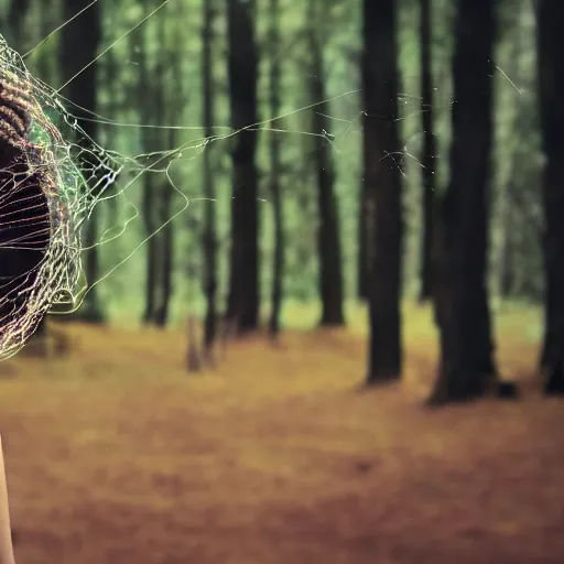 Image similar to a female made out of string surrounded by forest cinematic, 8 k, depth of field, bokeh.