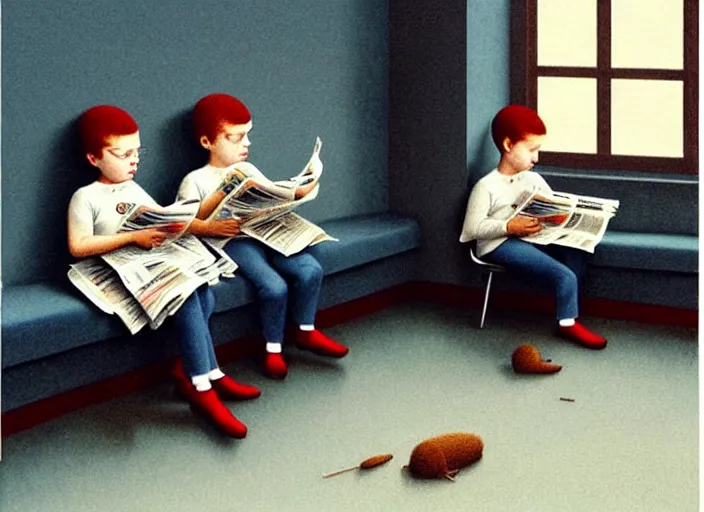 Image similar to a very boring day in school, kids wearing identical clothes reading newspapers, painting by quint buchholz and ray caesar, muted colors, gray, dull, boring, low energy, pale blue faces, very detailed