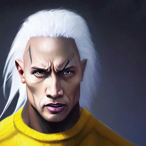 Image similar to dwayne johnson as a pale demoness with white hair, yellow eyes and horns wearing sweater and overalls on top. highly detailed, digital painting, artstation, matte, by makoto shinkai, animation style