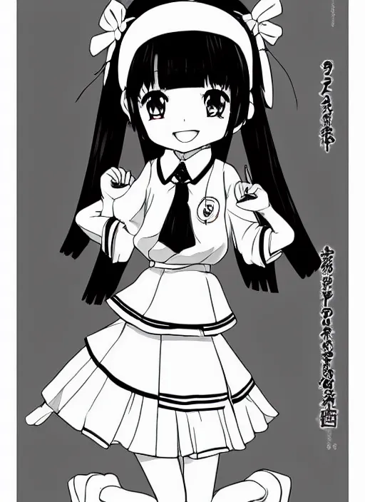 Prompt: manga style, black and white manga, multi - panel kawaii chibi manga, school girl kuudere, by gen urobuchi and yuyuko takemiya, japanese language