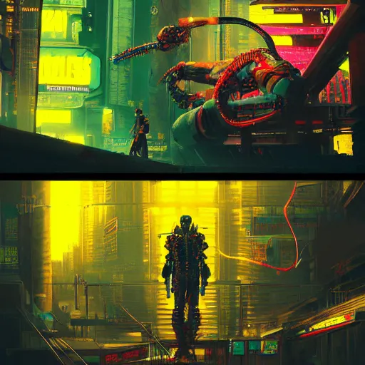 Prompt: cyberpunk robot tiger, big jaws and neon lights, metal exposed and wires, highly detailed cyberpunk 2 0 7 7 and beksinski style painting