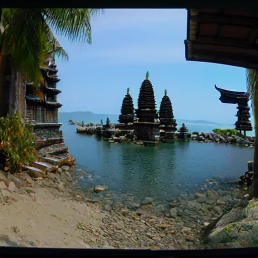 Image similar to security cam footage of pillars by a cove with odd houses and temples on top of them