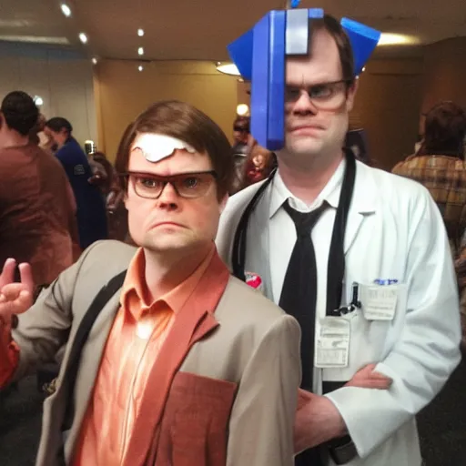 Prompt: dwight schrute ( the office, rainn wilson ) cosplaying as doctor who, dragoncon, flash photography, photorealistic, wide angle