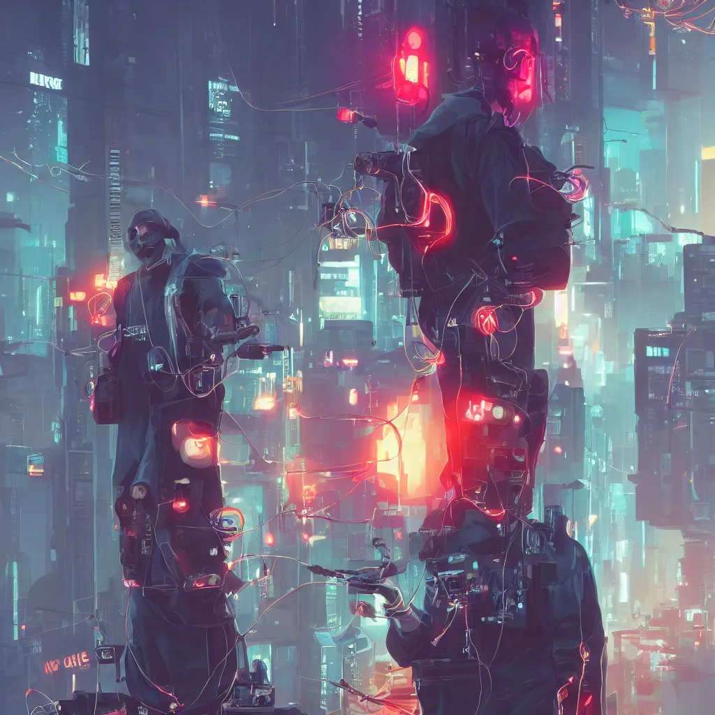 Image similar to cyberpunk hacker with server, lots of wires, art gta 5 cover, official fanart behance hd artstation by jesper ejsing, by rhads, makoto shinkai and lois van baarle, ilya kuvshinov, ossdraws