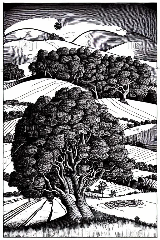 Prompt: realistic barn in pastoral field with trees and hills, art by james o barr and albrecht durer, surreal engraving, black and white, vector, vector art