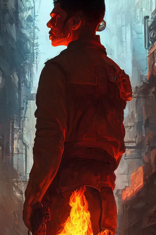 Prompt: in the foreground a brown man from behind with flames in his hands second plan paris in cyberpunk, intricate, highly detailed, digital painting, artstation, concept art, matte, sharp focus, illustration, art by artgerm and greg rutkowski and alphonse mucha