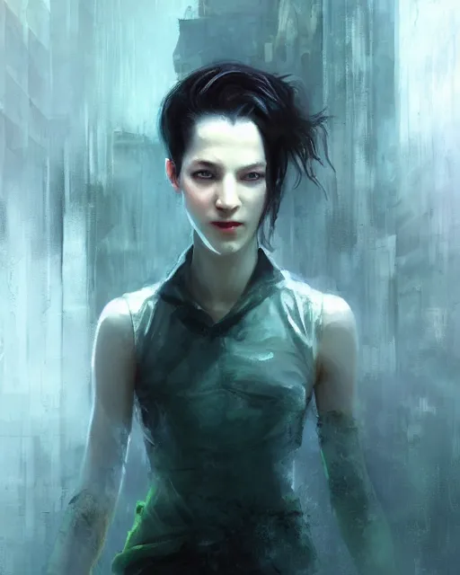 Image similar to gracious, regal majestic, pragmatic, charismatic character persephone from the matrix, face centered portrait, confident, ruined cityscape, sterile minimalistic room, architecture, fog, volumetric lighting, illustration, perfectly shaded, greenish tinge, cold lights soft painting, art by krenz cushart and wenjun lin