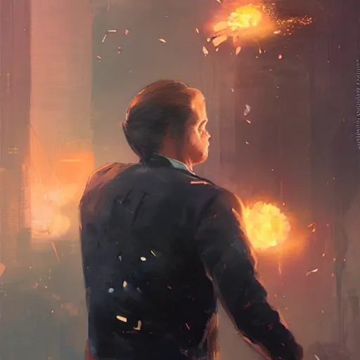 Image similar to connor from detroit become human exploding by greg rutkowski