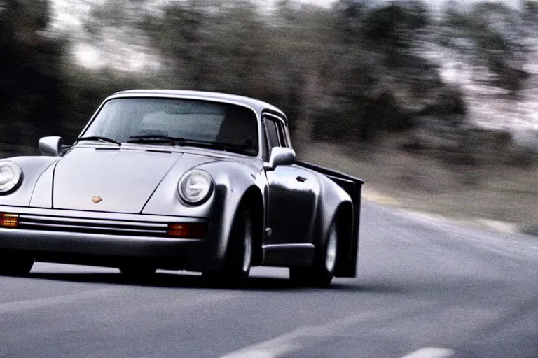 Image similar to 1975 pickup truck ((Porsche 959)) movie still, speed, cinematic Eastman 5384 film