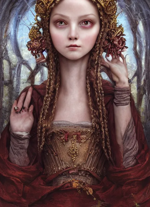 Prompt: closeup portrait of a fairytale medieval princess, depth of field, zeiss lens, detailed, symmetrical, centered, fashion photoshoot, by nicoletta ceccoli, mark ryden, lostfish, earl norem, breathtaking, 8 k resolution, extremely detailed, beautiful, establishing shot, artistic, hyperrealistic, beautiful face, octane render